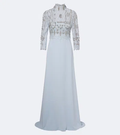Costarellos Brona Embellished Lace-paneled Crêpe Gown In Blue