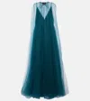 Costarellos Cassandra Caped Tulle Gown In Blau