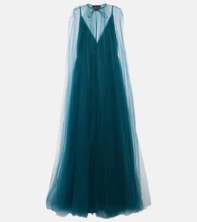 Costarellos Cassandra Caped Tulle Gown In Blau