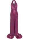 Costarellos Colette Gathered Halterneck Satin Gown In Pink
