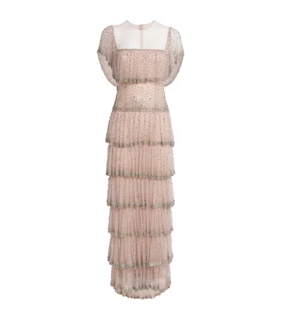 Costarellos Crystal Tiered Jesenia Gown In Pink