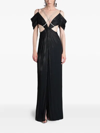 Costarellos Crystal-embellished Pleated Maxi Dress In Black