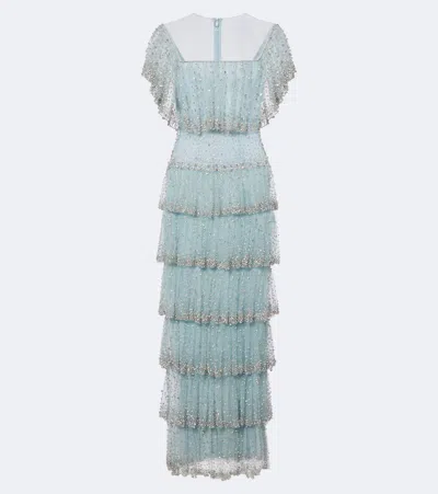 Costarellos Crystal-embellished Tiered Mesh Gown In Blue