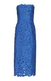 Costarellos Delmara 3d-appliqued Satin-lace Strapless Midi Dress In Blue