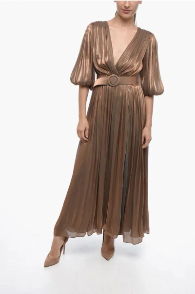 Costarellos Draped Lurex Maxidress With Balloon Sleeves And Belt In Brown