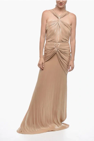 Costarellos Draped Lurex Maxidress With Halter Neck In Brown