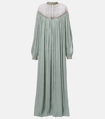 Costarellos Ellima Embellished Plissé Georgette Gown In Green
