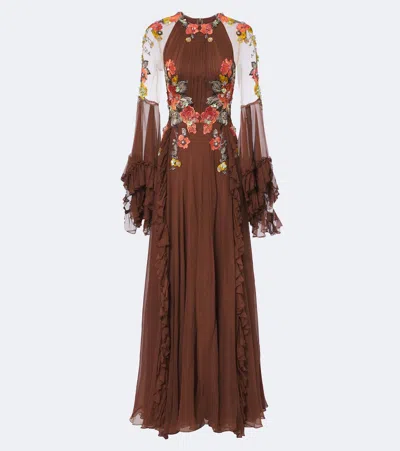 Costarellos Embellished Floral-appliqué Silk Gown In Brown