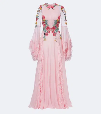 Costarellos Embellished Floral-appliqué Silk Gown In Pink