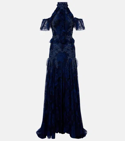 Costarellos Embellished Halterneck Lace Gown In Blue