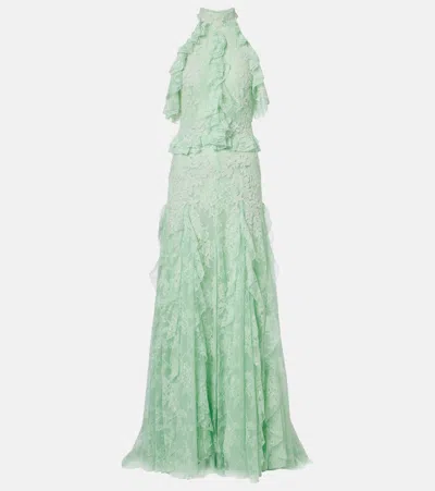 Costarellos Embellished Halterneck Lace Gown In Green