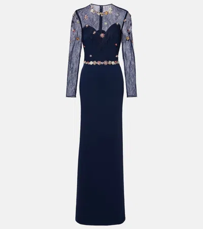 Costarellos Embellished Lace-trimmed Gown In Blue