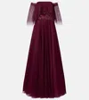 Costarellos Embellished Off-shoulder Tulle Gown In Burgundy