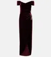 Costarellos Embellished Off-shoulder Velvet Gown In Burgundy