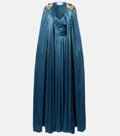 Costarellos Embellished Pleated Caped Bustier Gown In Blue