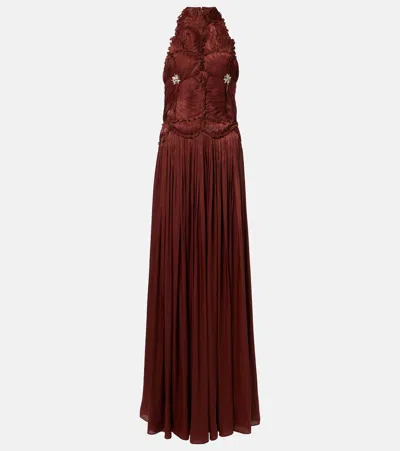 Costarellos Embellished Ruched Georgette Gown In Brown