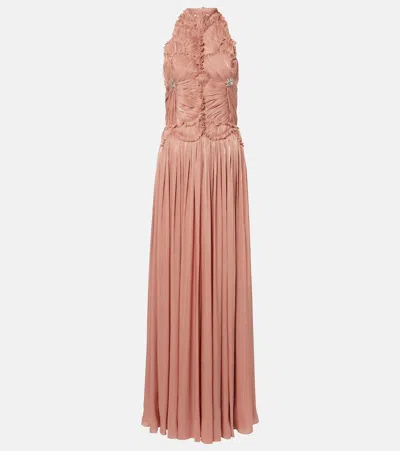 Costarellos Embellished Ruched Georgette Gown In Pink
