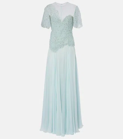Costarellos Embellished Silk-blend Georgette Gown In Blue