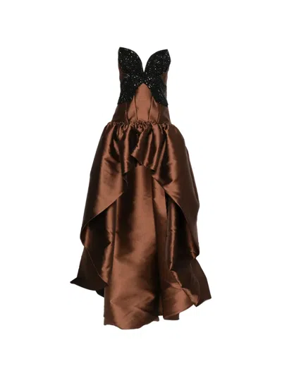 Costarellos Embellished Strapless Asymmetric Dress In Brown