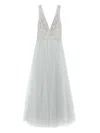 Costarellos Embellished V-neck Tulle Maxi Dress In Blue