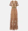 Costarellos Embroidered Tulle Gown In Brown