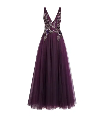 Costarellos Embroidered Tulle Vianna Gown In Purple