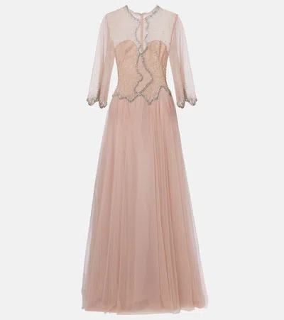 Costarellos Evanna Embellished Tulle Gown In Pink