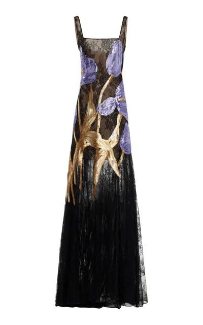 Costarellos Felice Glittered Chantilly Lace Gown In Black