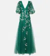 Costarellos Floral-appliqué Tulle And Lurex Gown In Green