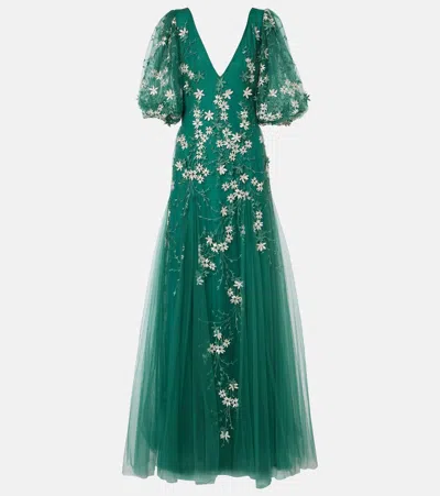 Costarellos Floral-appliqué Tulle And Lurex Gown In Green
