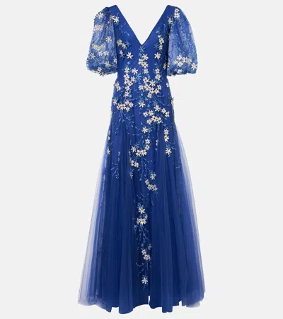 Costarellos Floral-appliqué Tulle Gown In Blue
