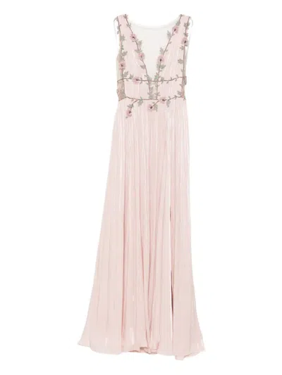 COSTARELLOS FLORAL-EMBELLISHED PLEATED MAXI DRESS