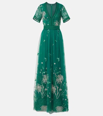Costarellos Floral Embroidered Gown In Green