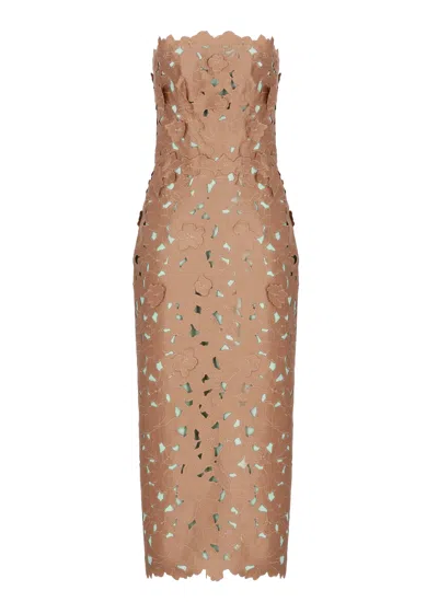 Costarellos Floral Lace Midi Dress With Straight Neckline And Cut-out Details In Brown