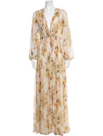 Pre-owned Costarellos Floral Print Long Dress In Neutrals
