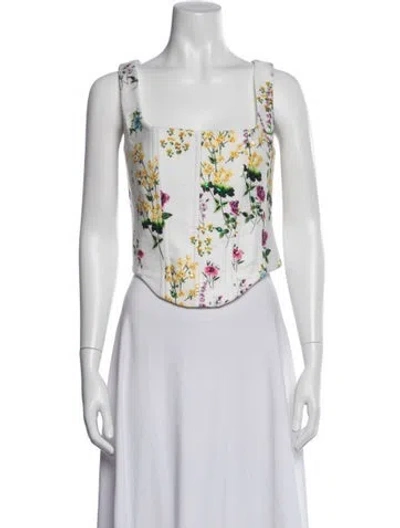 Pre-owned Costarellos Floral Print Square Neckline Top In White