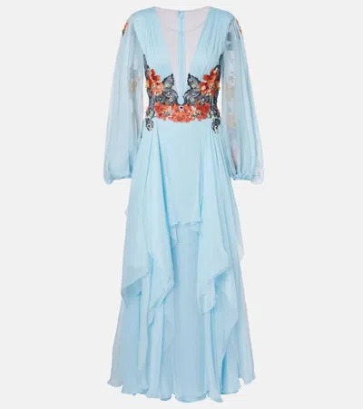 Costarellos Floral Silk Gown In Blue