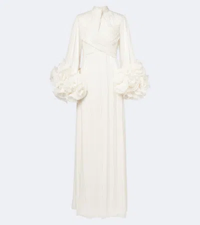 Costarellos Floral-applique Pleated Gown In White