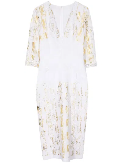 Costarellos Foil-print V-neck Linen Dress In White