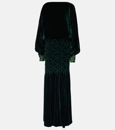 Costarellos Genevieve Smocked Velvet Gown In Green