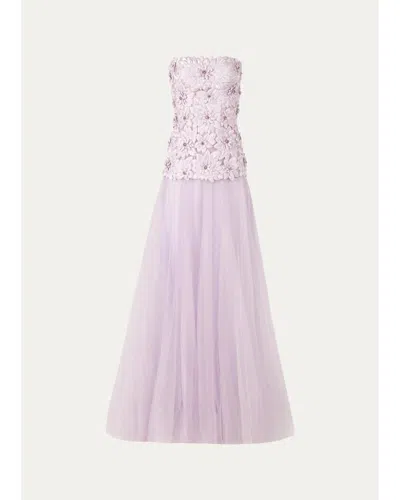 Costarellos Gisella Petal Embellished Strapless Drop-waist Tulle Gown In Multi