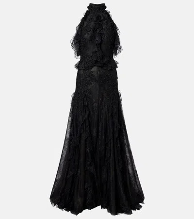Costarellos Halterneck Lace Gown In Black