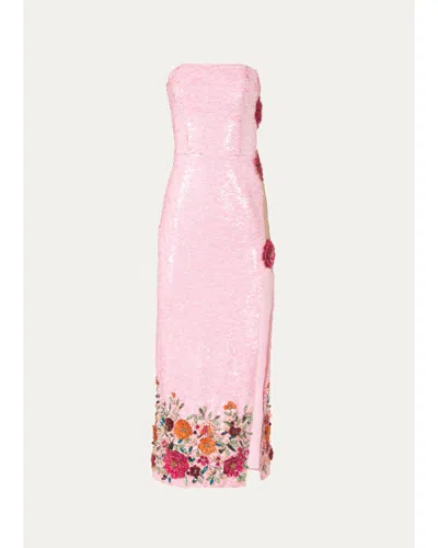 Costarellos Harlee Strapless Flower Sequined Slit Midi Dress In Pink
