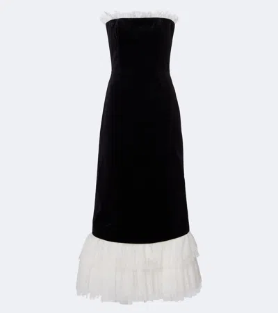 Costarellos Isabetta Strapless Tulle And Lace-trimmed Cotton-velvet Midi Dress In Brown