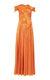Costarellos Isla Crystal Metallic-georgette Off-the-shoulder Gown In Orange