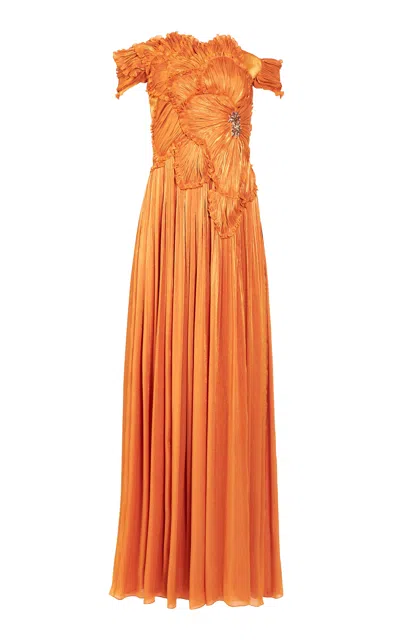Costarellos Isla Crystal Metallic-georgette Off-the-shoulder Gown In Orange