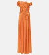 Costarellos Isla Crystal Metallic-georgette Off-the-shoulder Gown In Orange
