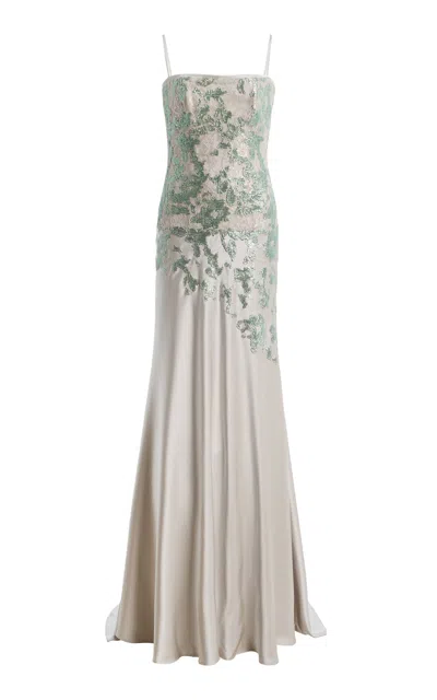 Costarellos Jennan Sequined Lace And Satin Gown In Green