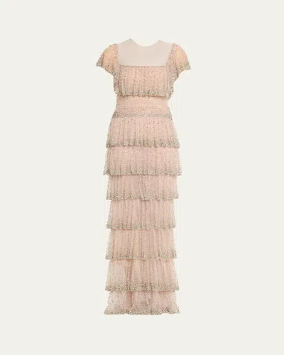 Costarellos Jesenia Crystal Ruffle Square-neck Illusion Gown In Pink