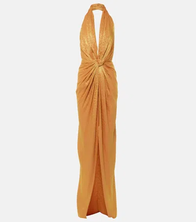 Costarellos Joa Gathered Halterneck Gown In Orange